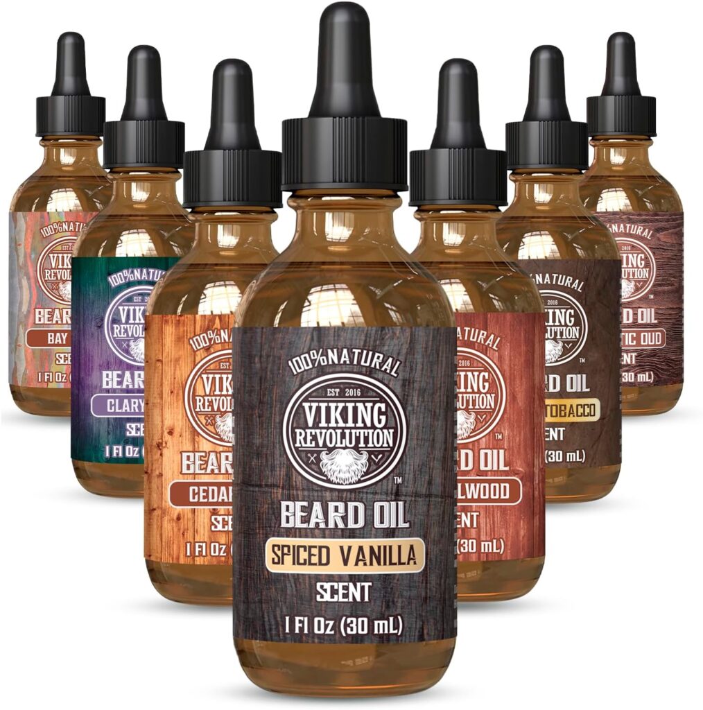 Viking Revolution Beard Oil – Spiced Vanilla – 1 fl oz | 100% Natural Ingredients – Formulated with Argan Oil & Jojoba Oil – Softens Rough Hair & Hydrates Skin – Spiced Vanilla Scent