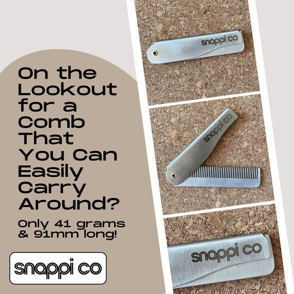 Snappi Co® Metal Folding Beard Comb | 304 Stainless Steel Pocket Comb for Men for Beard Grooming, Hair Styling & Moustache Care | Compact Flip Comb, Portable Mens EDC Accessories | Includes Gift Box
