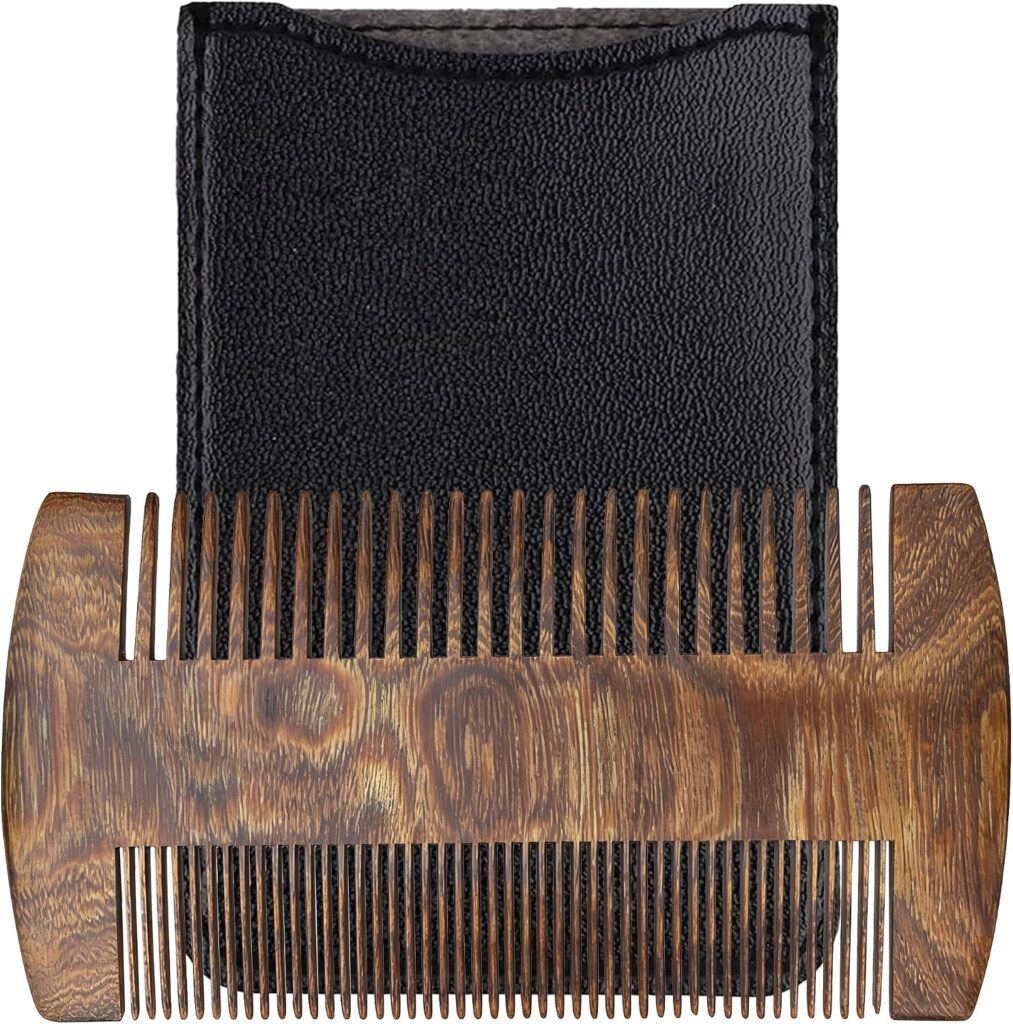 Handmade Black Sandalwood Beard & Mustache Comb for Men, Double-Sided Fine Tooth Wooden Beard Comb with PU Leather Case, Wooden Pocket Comb for Scalp Massage & Beard