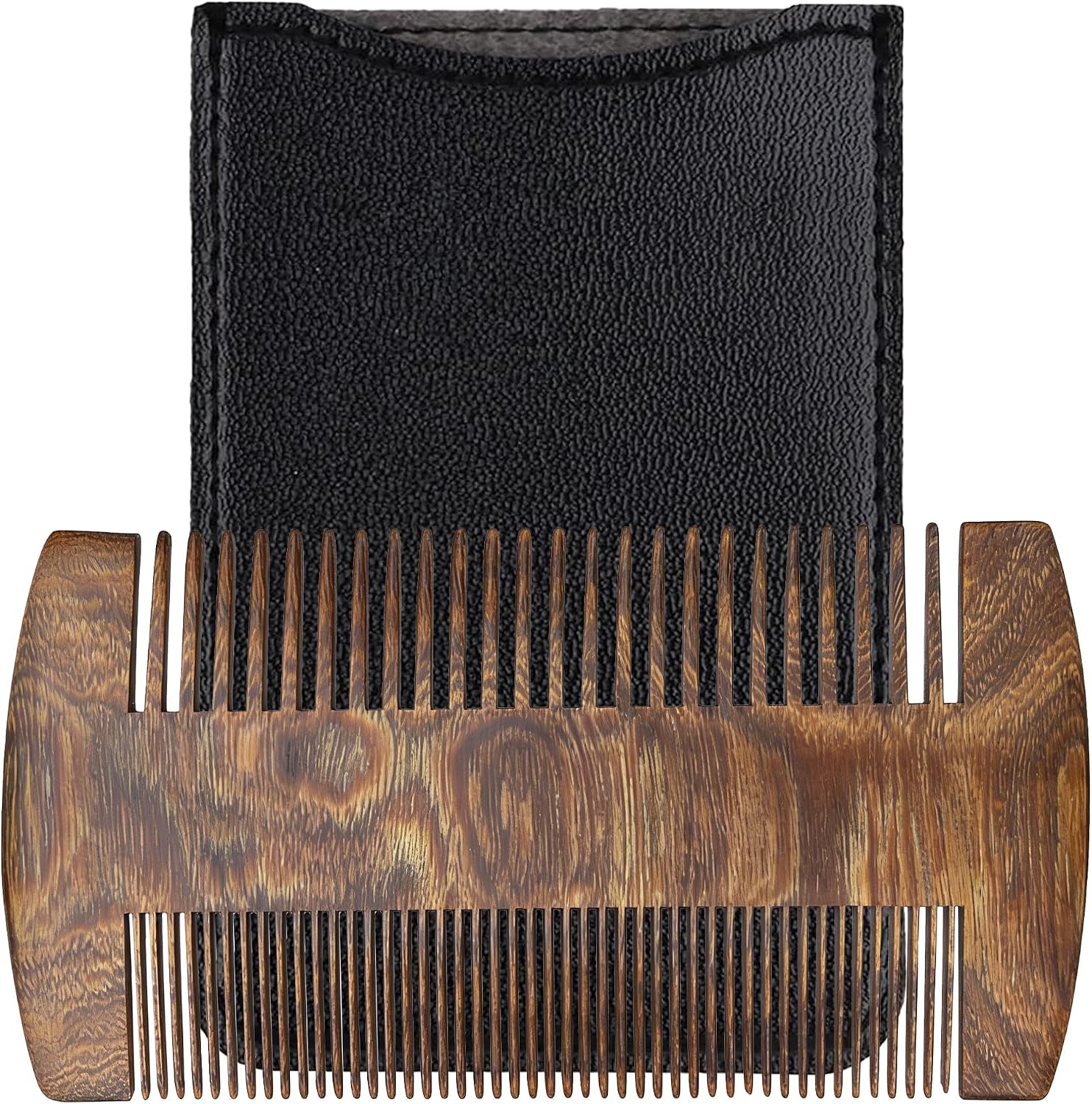 Handmade Black Sandalwood Beard & Mustache Comb for Men, Double-Sided Fine Tooth Wooden Beard Comb with PU Leather Case, Wooden Pocket Comb for Scalp Massage & Beard