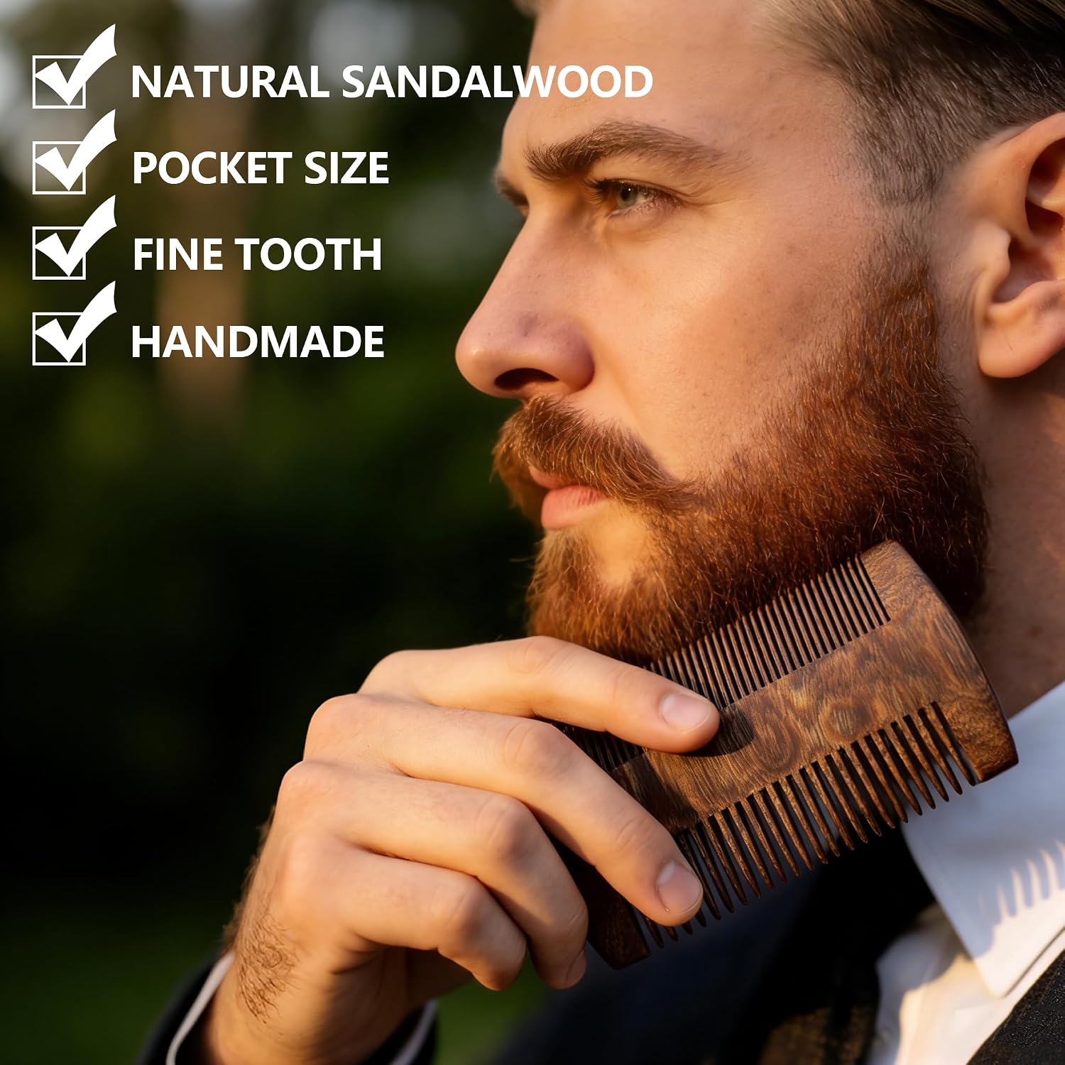 Handmade Black Sandalwood Beard & Mustache Comb for Men, Double-Sided Fine Tooth Wooden Beard Comb with PU Leather Case, Wooden Pocket Comb for Scalp Massage & Beard